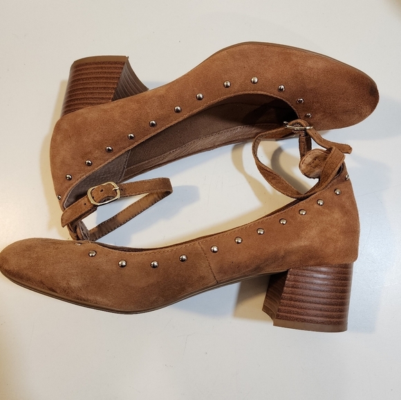 MONTANA tan Suede Leather Mary Jane block heels shoes size 9M - Picture 5 of 12